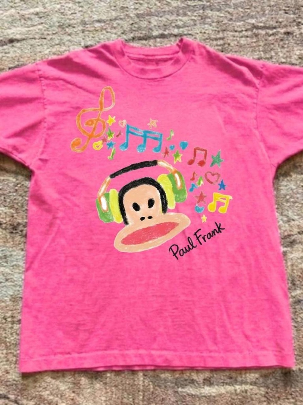 Gildan Safety Pink Graphic Tee with Multicolor Music Print